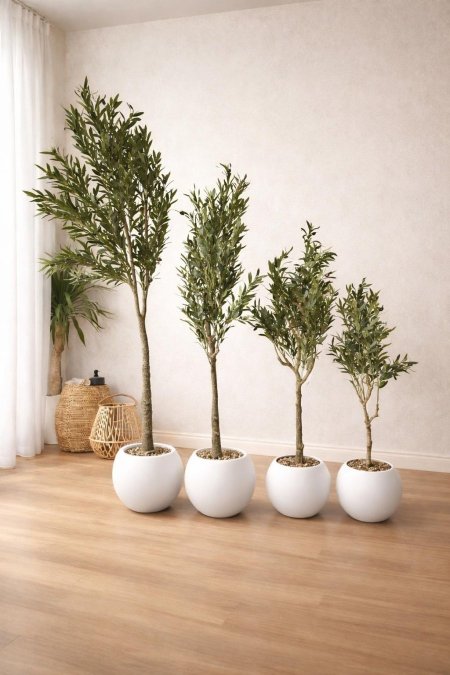 شجر زيتون صناعية معروضة في وعاء أبيض دائري