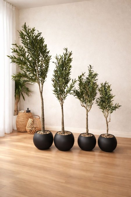 شجر زيتون صناعية معروضة في وعاء أسود دائري.