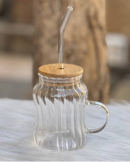 مج زجاج مع ايد + غطاء بامبو + مصاصة زجاج