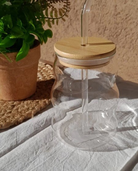مج زجاج + غطاء بامبو + مصاصة زجاج