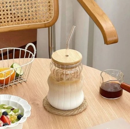 مج زجاج + غطاء بامبو + مصاصة زجاج