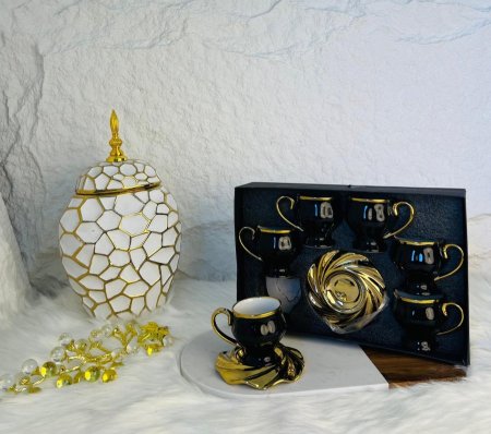 طقم فناجين قهوة اسود بحز ذهبي 12 قطعة مميز وانيق وراقي جدا