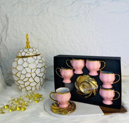 طقم فناجين قهوة زهري بحز ذهبي 12 قطعة مميز وانيق وراقي جدا