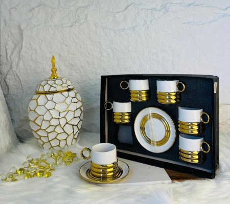 طقم فناجين شاي ابيض وذهبي 12قطعة فخم جدا