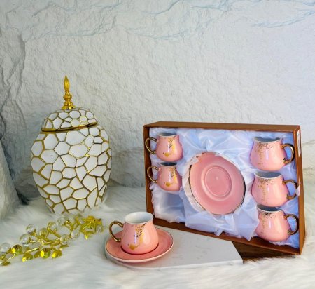 طقم فناجين قهوة زهري و ذهبي 12 قطعة مميز وانيق