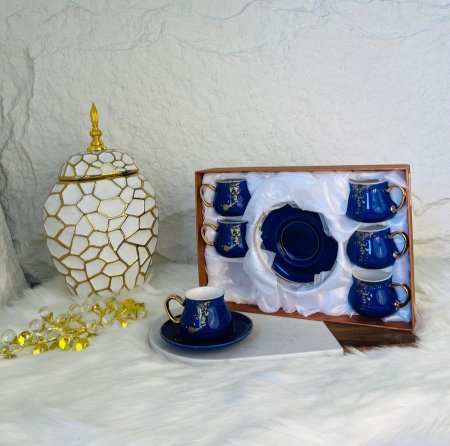 طقم فناجين قهوة نيلي وذهبي 12قطعة فخم جدا لاصحاب الذوق الرفيع