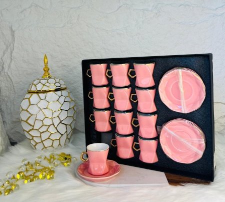 طقم فناجين قهوة زهري وذهبي  24 قطعة مميز وانيق وراقي جدا لاصحاب الذوق الرفيع