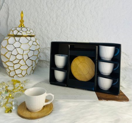 طقم فناجين قهوة ابيض وخشي مختلف وعصري وانيق يتكون من 12قطعة