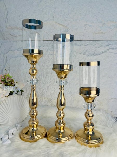 طقم شمعدان ذهبي زجاجي فخم وأنيق وثقيل جدا جدا لاصحاب الذوق العالي