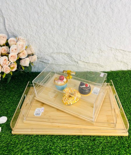 مضيفة بغطاء اكروليك وصنية خشبية مميزة متعددة لاحجام والاستخدام