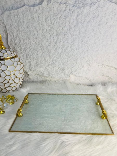 طقم صنية  تقديم زجاجية  مستطيلة باطار ذهبي مميز وانيق وراقي جدا لاصحاب الذوق الرفيع