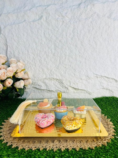 مضيفة بصينية ذهبية حديدية وغطاء اكريليك مميزة وانيقة وفخمة واضافة جميلة لبيتك