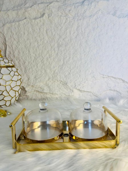 مضيفة ذهبية مكونة من وحدتين بغطاء زجاجي ثقيلة وفخمة