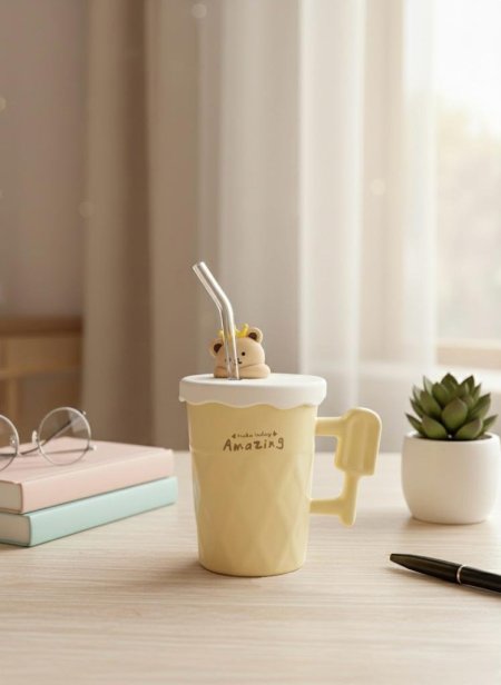 كوب سيراميك اصفر فاتح اللون مع غطاء على شكل دب ومقبض فريد