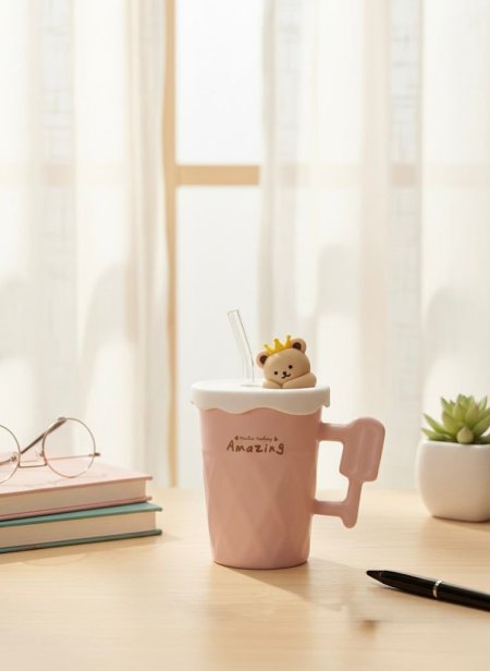 كوب سيراميك زهري اللون مع غطاء على شكل دب ومقبض فريد