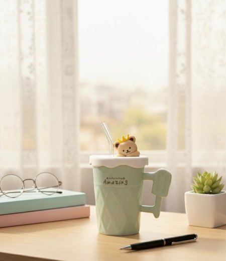 كوب سيراميك أخضر اللون مع غطاء على شكل دب ومقبض فريد