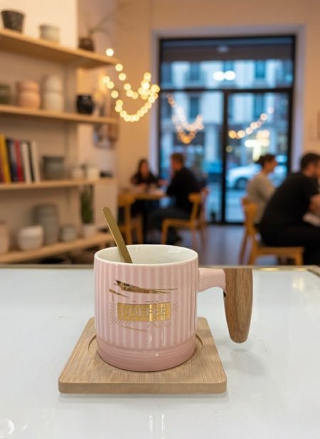 مج صحن خشب مع معلقة