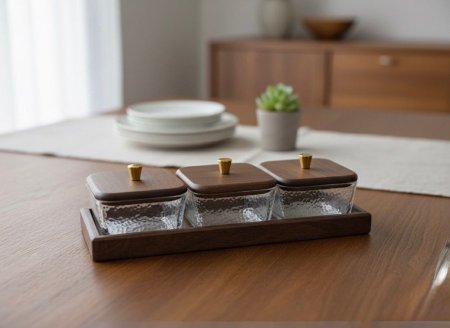 طقم مضيفة مستطيل 3 قطع غطاء خشب