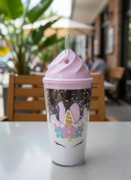 كاسة مع مصاصة على شكل ايس كريم بلون الزهري