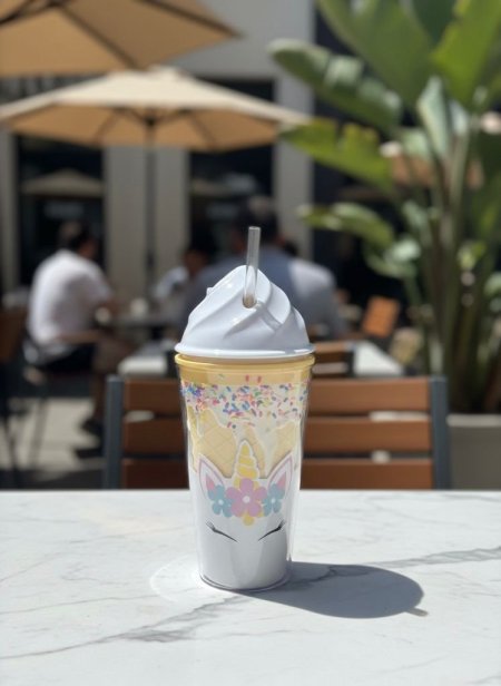 كاسة مع مصاصة على شكل ايس كريم بلون الزهري