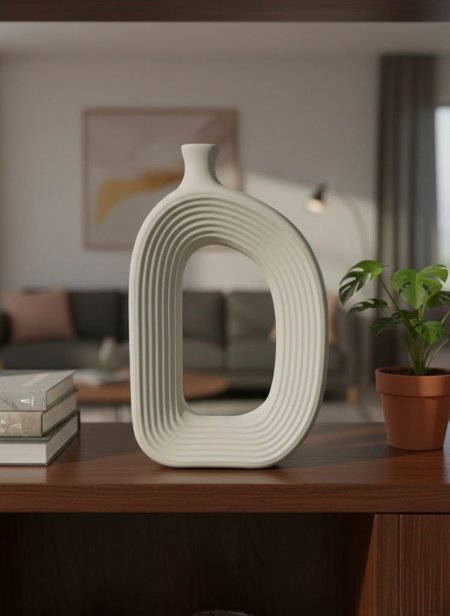 فازة ابيض محزز اطار بيضاوي وسط