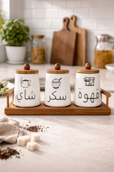 طقم بهارات سكر قهوة شاي مع قاعدة خشب