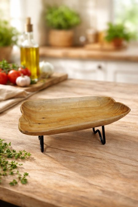طبق تقديم خشبي طبيعي مع حامل معدني