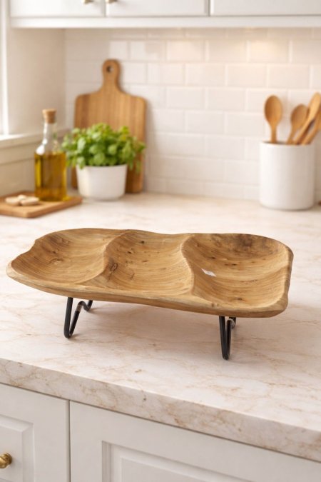 طبق تقديم خشبي طبيعي مقسم بثلاثة اقسام مع حامل معدني مثالي لتقديم المكسرات أو الفواكه