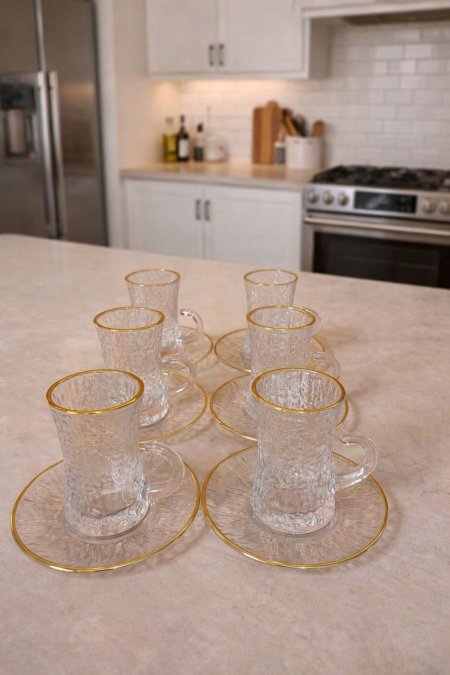 طقم كاسات شاي تركي فاخر بحافة ذهب