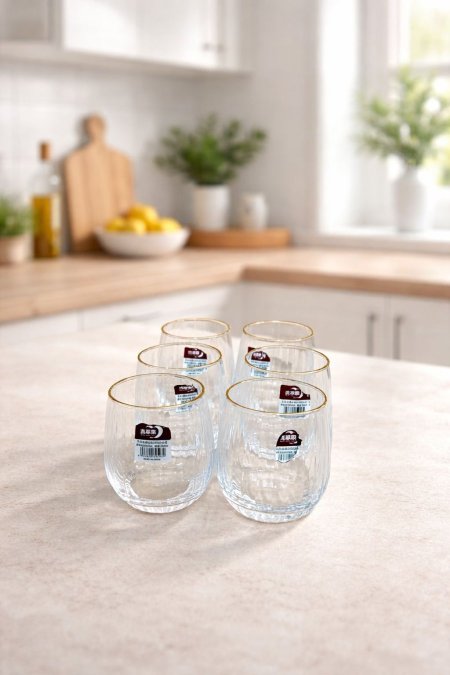 طقم كاسات زجاج فاخرة بحافة ذهبية