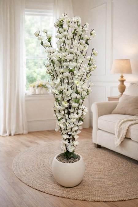 شجرة كرز صناعية بيضاء في وعاء دائري أبيض