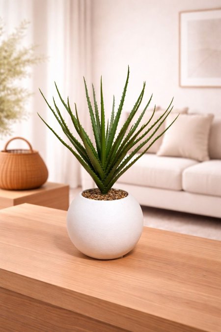 صبار صناعي في وعاء أبيض مستدير.